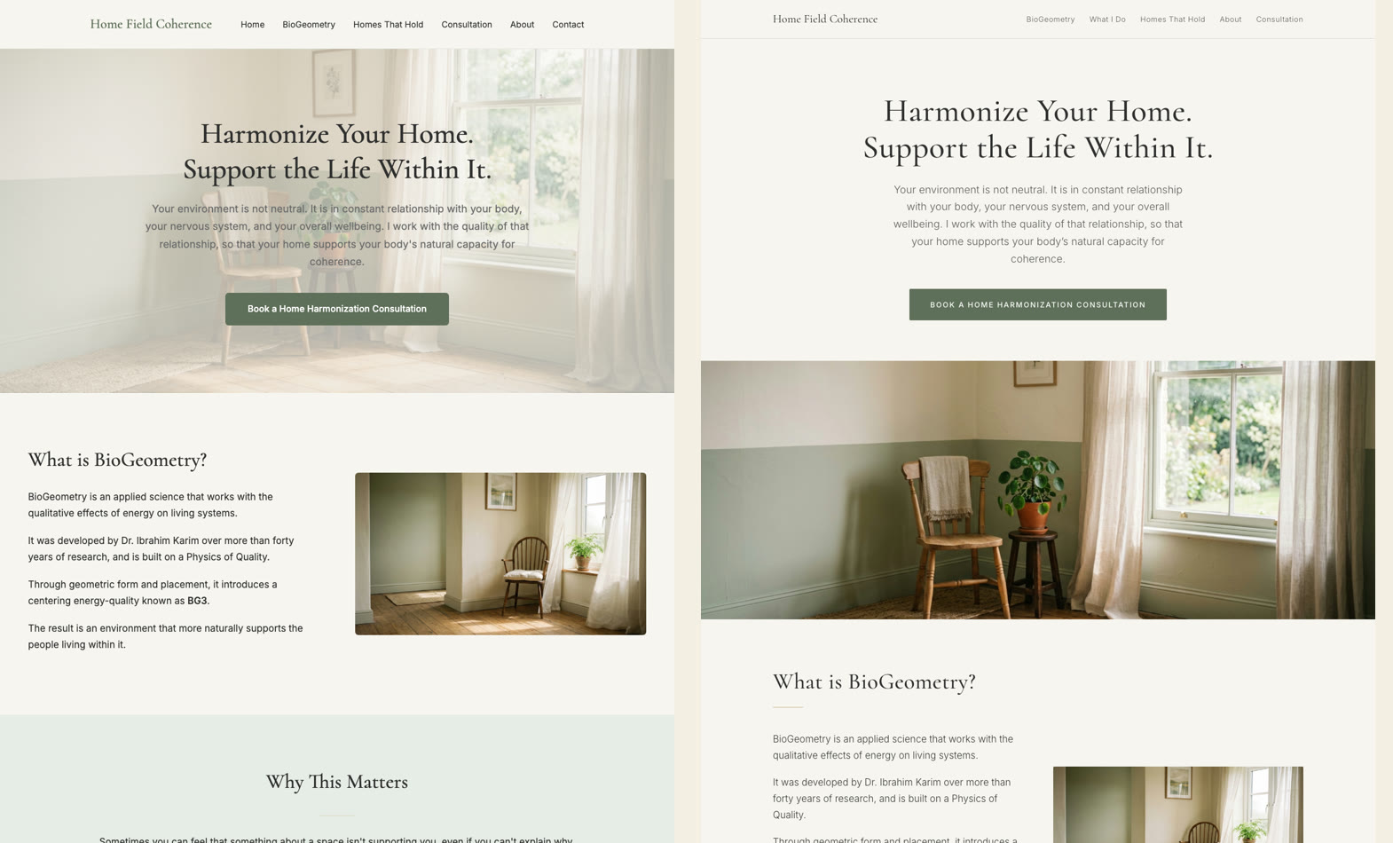 The same website before and after: the earlier version has washed out text over a photograph, the later version has the headline on a clean background with the photograph beneath