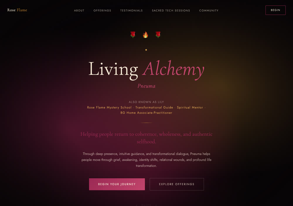 Living Alchemy: white and pink serif type on a deep magenta and black ground