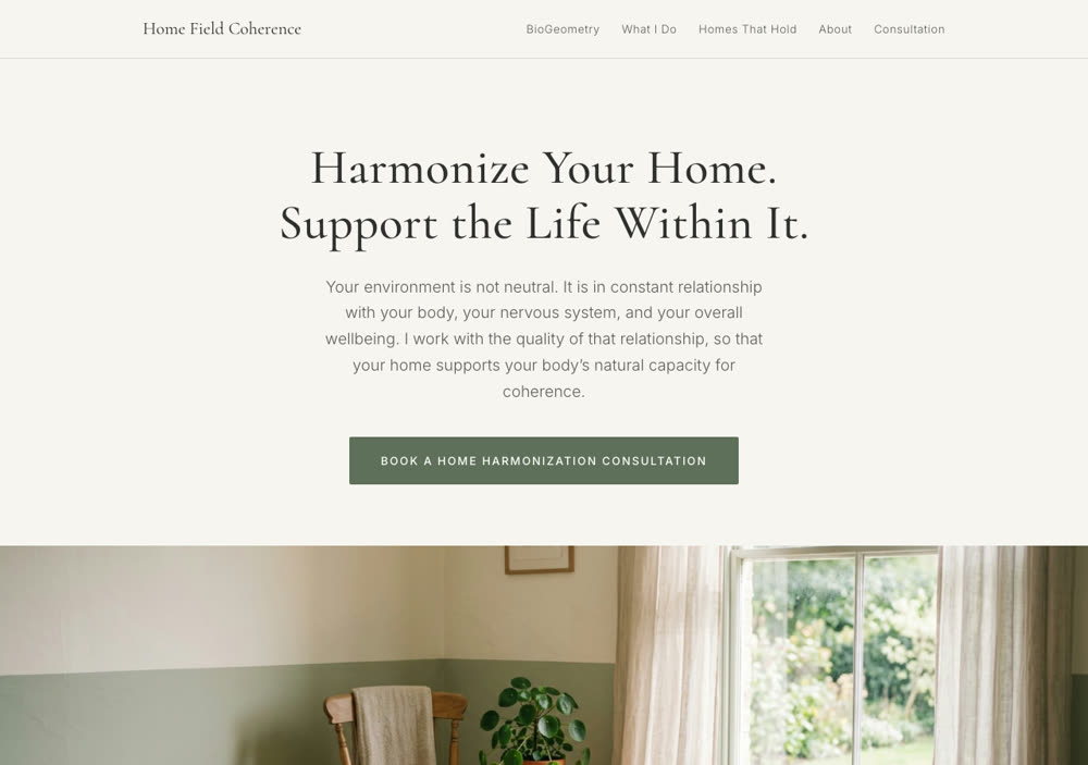 Home Field Coherence: a serif headline on cream, above a photograph of a quiet room