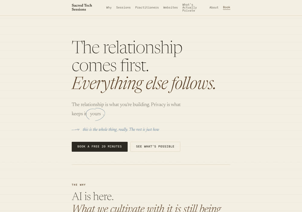 Sacred Tech Sessions: serif headline on faintly ruled paper